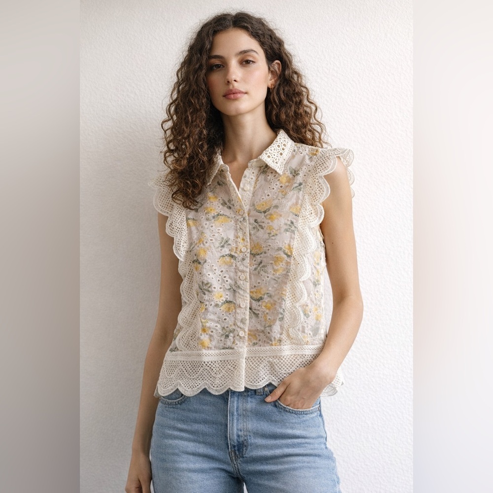 Ultra Pink Yellow Eyelet Floral Print Lace Top size Large - Picture 2 of 10